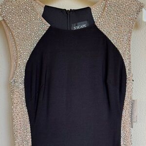 Xscape Black Dress with Tan Beaded Embellishments